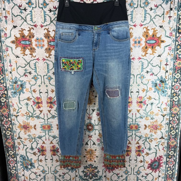 Desigual Denim - Desigual Maternity Jeans Light Wash Embroidered Patchwork Mirror Detail Boho